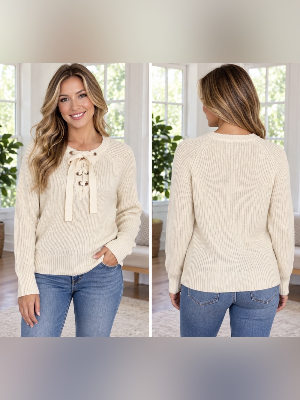 Umgee USA Cream Lace-Up Ribbed Sweater/Fall/Winter/Cottagecore/Casual/Cozy